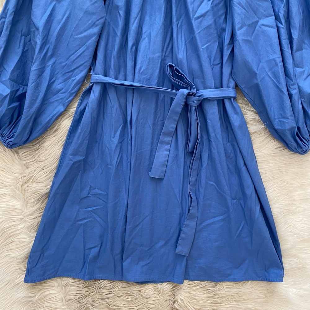 Reformation Blue Dusk Puff Long Sleeve Organic Cotton Belted Waist Rennae Dress - Picture 4 of 13